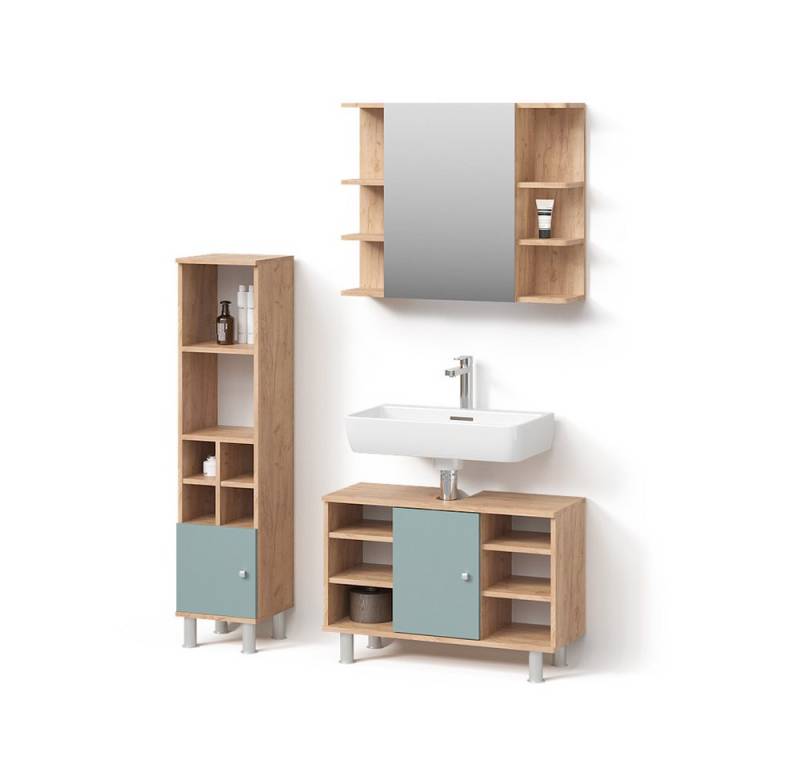 Livinity® Badmöbel-Set Fucino, Grün/Goldkraft Eiche, 3 Teile, mit Midischrank Tür klein von Livinity®