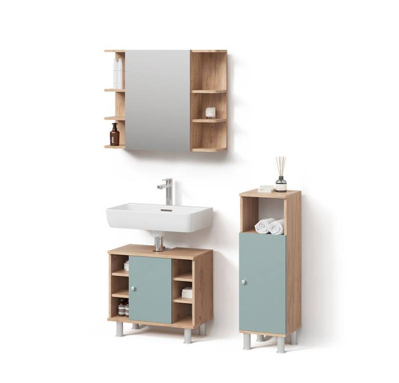 Livinity® Badmöbel-Set Fucino, Grün/Goldkraft Eiche, 3 Teile, mit Midischrank von Livinity®