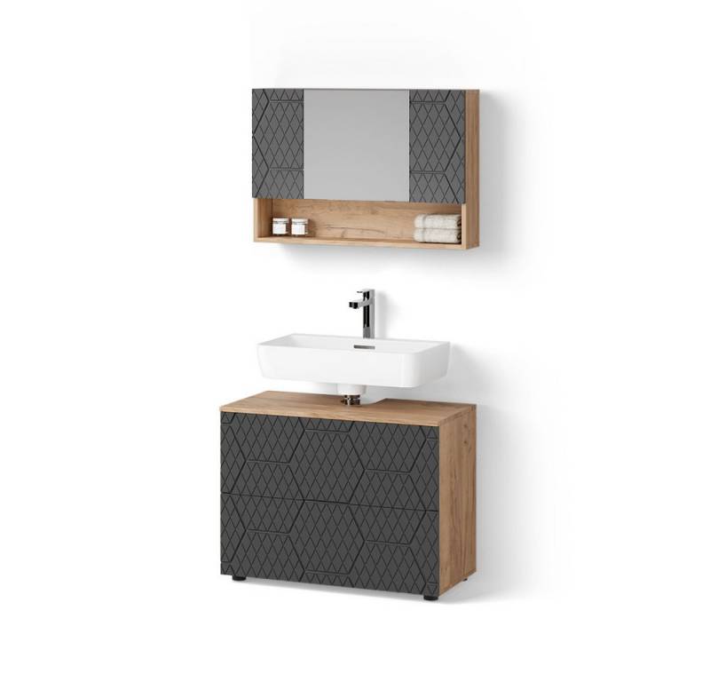 Livinity® Badmöbel-Set Ronco, Anthrazit mit Wabenstruktur/Eiche, 2 Teile, Unterschrank 80 cm von Livinity®