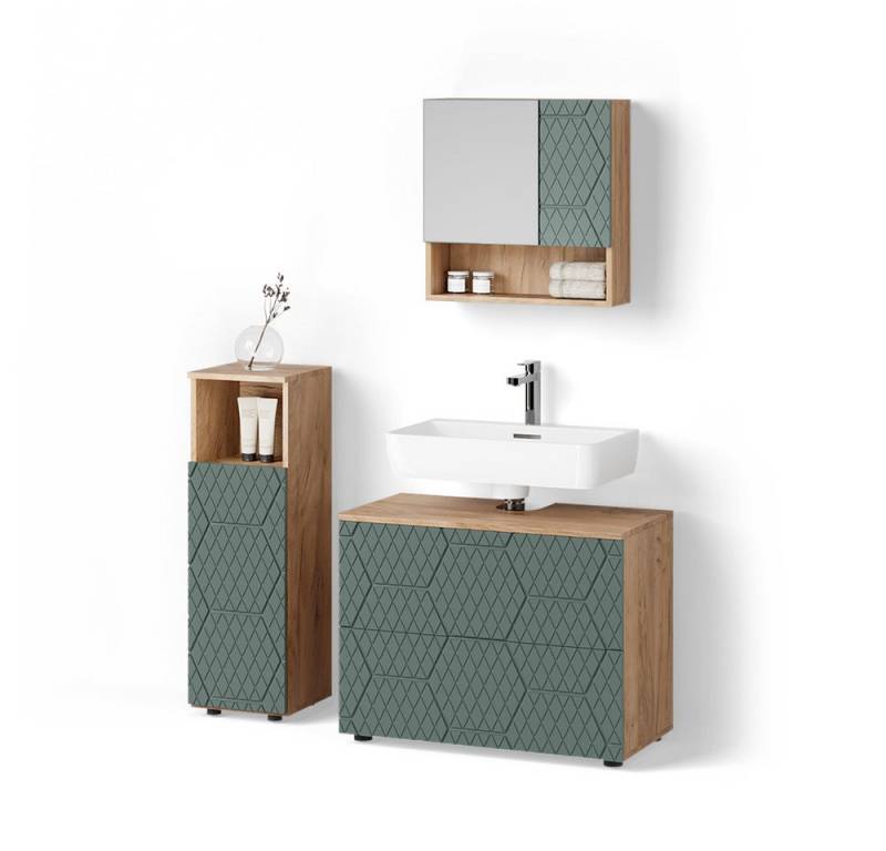 Livinity® Badmöbel-Set Ronco, Grün/Goldkraft Eiche/Goldkraft Eiche, 3 Teile, mit Midischrank von Livinity®