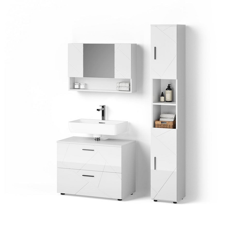 Livinity® Badmöbel-Set Ronco, Weiß Hochglanz/Weiß, 3 Teile, mit Spiegelschrank 80 cm von Livinity®