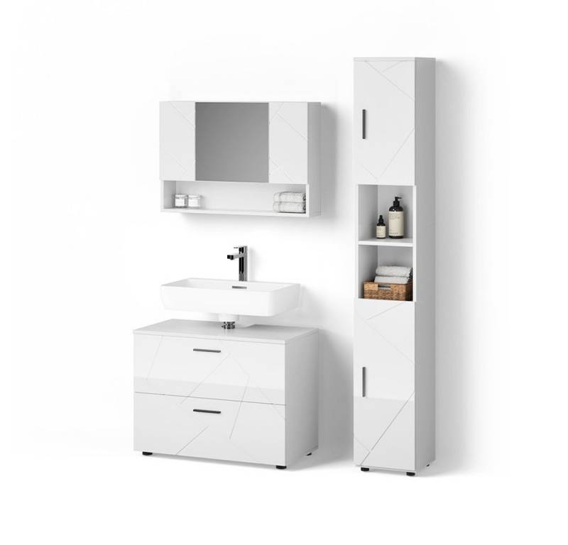 Livinity® Badmöbel-Set Ronco, Weiß Hochglanz/Weiß, 3 Teile, mit Spiegelschrank 80 cm von Livinity®