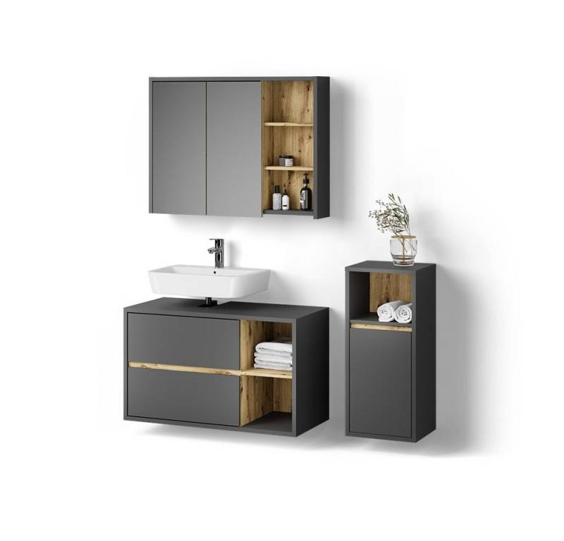 Livinity® Badmöbel-Set Vomano, Anthrazit/Eiche, 3 Teile, mit Midischrank von Livinity®