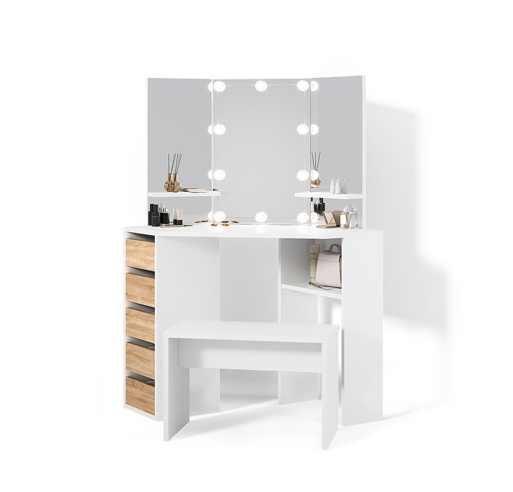 Livinity® Schminktisch Enna, Weiß/Sonoma/Sonoma, 110 cm mit LED Beleuchtung und Bank von Livinity®