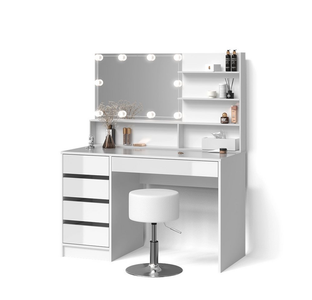 Livinity® Schminktisch Imola, Weiß, mit LED Beleuchtung, Hocker und Spiegelregal von Livinity®