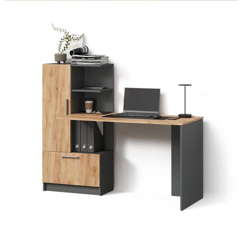 Livinity® Schreibtisch Lorena, Anthrazit/Goldkraft Eiche, 150 x 120.1 cm mit 2 Türen von Livinity®