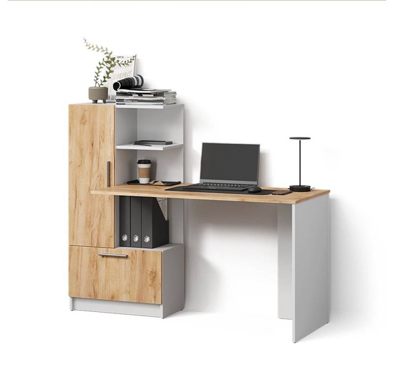 Livinity® Schreibtisch Lorena, Weiß/Goldkraft Eiche, 150 x 120.1 cm mit 2 Türen von Livinity®