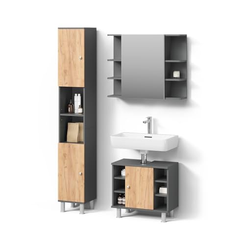 Livinity Badmöbel-Set Fucino, Anthrazit/Goldkraft Eiche, 3 Teile mit Hochschrank von Livinity