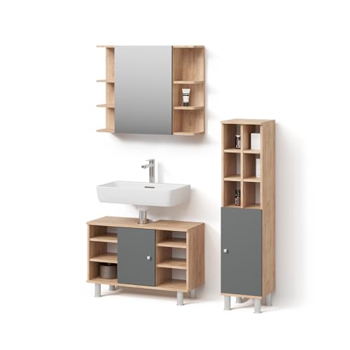 Livinity Badmöbel-Set Fucino, Eiche, 3 Teile, mit Midischrank Tür groß von Livinity
