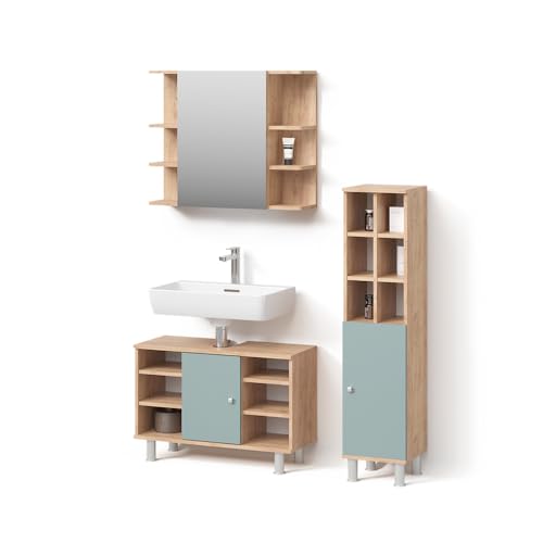 Livinity Badmöbel-Set Fucino, Grün, 3 Teile, mit Midischrank Tür groß von Livinity