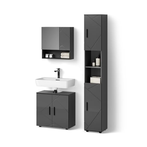 Livinity Badmöbel-Set Ronco, Anthrazit Hochglanz, 3 Teile, mit Hochschrank von Livinity