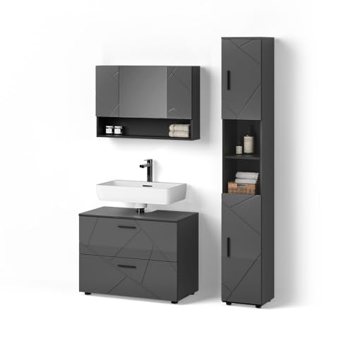 Livinity Badmöbel-Set Ronco, Anthrazit Hochglanz, 3 Teile, mit Spiegelschrank 80 cm von Livinity