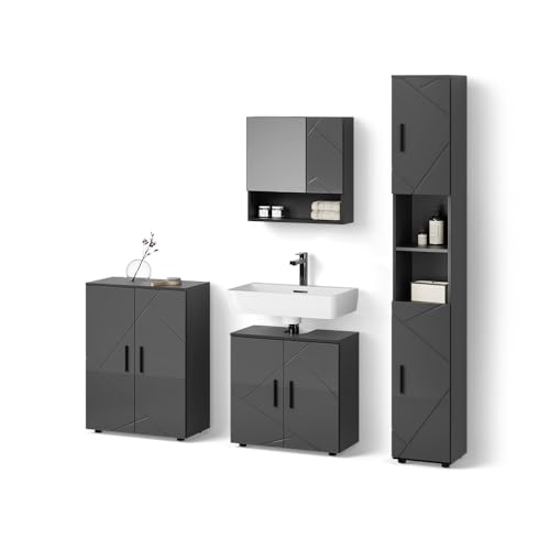 Livinity Badmöbel-Set Ronco, Anthrazit Hochglanz, 4 Teile, mit Hochschrank und Kommode von Livinity