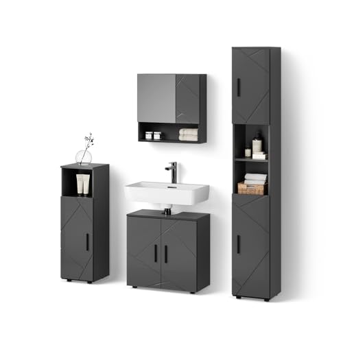 Livinity Badmöbel-Set Ronco, Anthrazit Hochglanz, 4 Teile, mit Hochschrank von Livinity