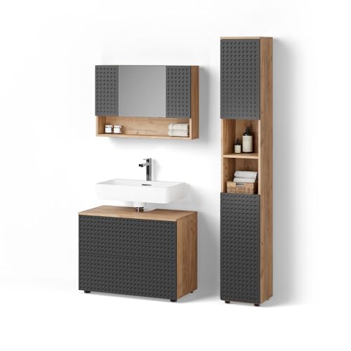 Livinity Badmöbel-Set Ronco, Anthrazit gepunktet, 3 Teile, mit Spiegelschrank 80 cm von Livinity