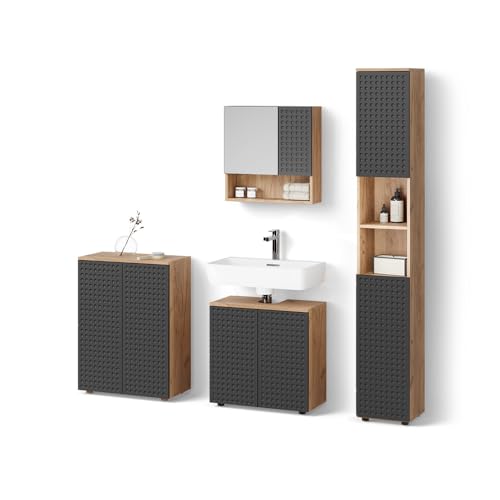 Livinity Badmöbel-Set Ronco, Anthrazit gepunktet, 4 Teile, mit Hochschrank und Kommode von Livinity