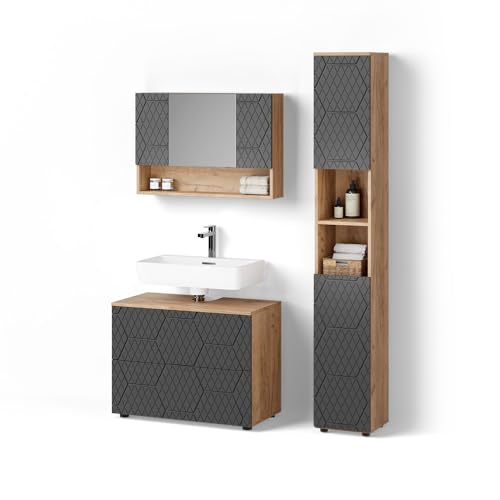 Livinity Badmöbel-Set Ronco, Anthrazit gestreift, 3 Teile, mit Spiegelschrank 80 cm von Livinity