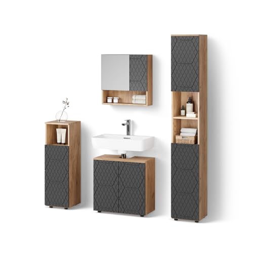 Livinity Badmöbel-Set Ronco, Anthrazit gestreift, 4 Teile, mit Hochschrank von Livinity