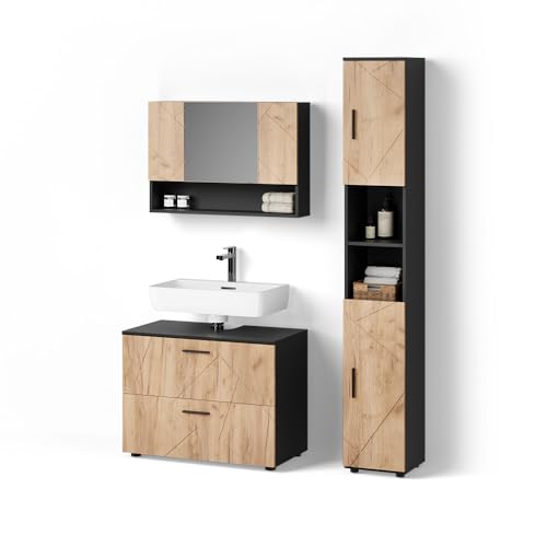 Livinity Badmöbel-Set Ronco, Goldkraft Eiche/Anthrazit, 3 Teile, mit Spiegelschrank 80 cm von Livinity