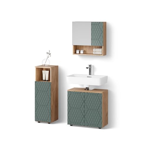 Livinity Badmöbel-Set Ronco, Grün/Goldkraft Eiche, 3 Teile von Livinity