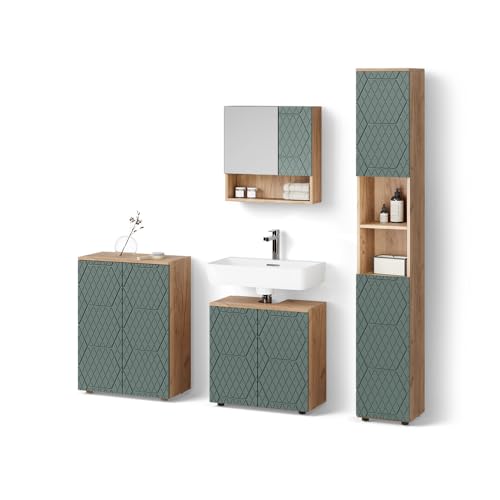 Livinity Badmöbel-Set Ronco, Grün/Goldkraft Eiche, 4 Teile, mit Hochschrank und Kommode von Livinity
