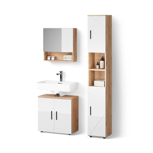 Livinity Badmöbel-Set Ronco, Weiß Hochglanz/Goldkraft Eiche, 3 Teile, mit Hochschrank von Livinity