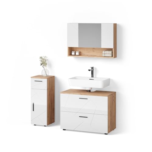 Livinity Badmöbel-Set Ronco, Weiß Hochglanz/Goldkraft Eiche, 3 Teile, mit Schubladenschrank und Midischrank von Livinity