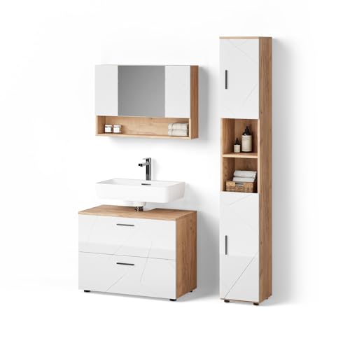 Livinity Badmöbel-Set Ronco, Weiß Hochglanz/Goldkraft Eiche, 3 Teile, mit Spiegelschrank 80 cm von Livinity