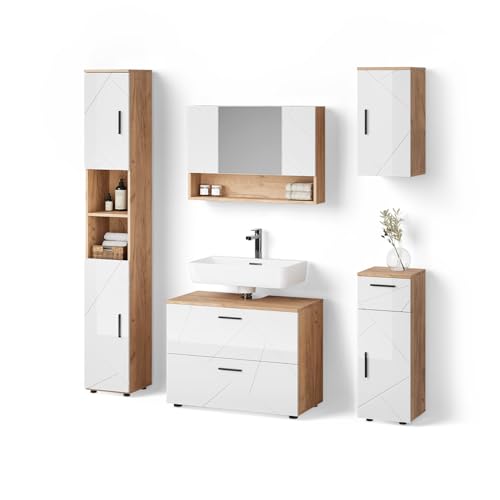 Livinity Badmöbel-Set Ronco, Weiß Hochglanz/Goldkraft Eiche, 5 Teile von Livinity