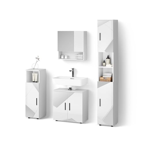 Livinity Badmöbel-Set Ronco, Weiß Hochglanz mit Einsätzen, 4 Teile, mit Hochschrank von Livinity