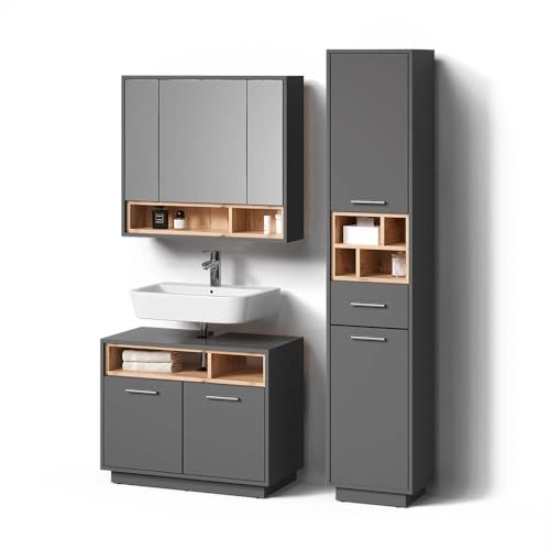 Livinity Badmöbel-Set Temo, Anthrazit, 3 Teile, mit Hochschrank von Livinity