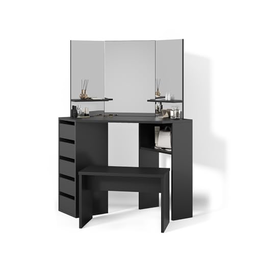 Livinity Eckschminktisch Enna, Schwarz, 110 cm mit Bank von Livinity