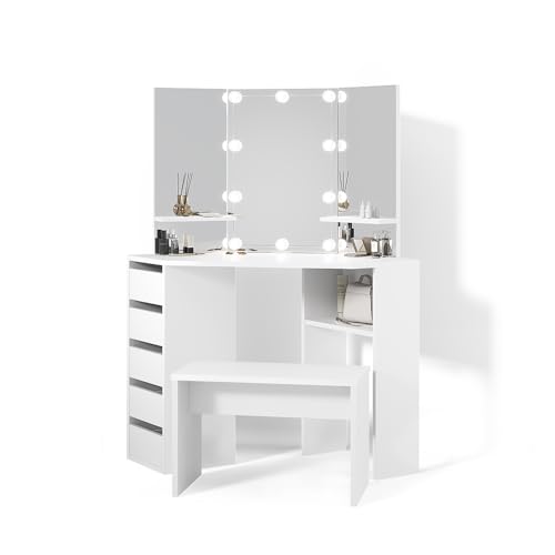 Livinity Eckschminktisch Enna, Weiß, 110 cm mit LED Beleuchtung und Bank von Livinity