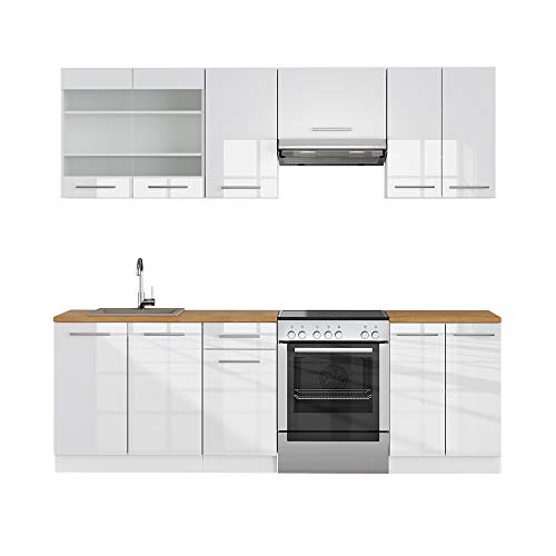 Livinity Küchenzeile Fame-Line, Weiß Hochglanz/Weiß, 240 cm, AP Eiche von Livinity
