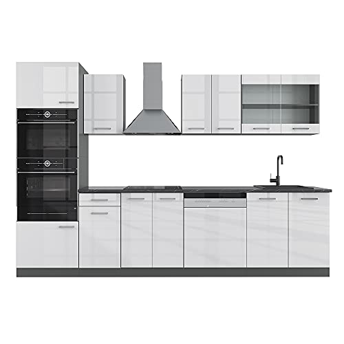 Livinity Küchenzeile R-Line, Weiß Hochglanz/Anthrazit, 300 cm mit Hochschrank, AP Eiche von Livinity