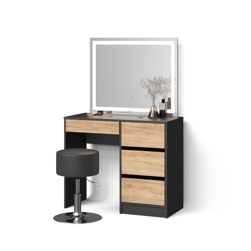 Livinity Schminktisch Imola, Anthrazit/Goldkraft Eiche, mit LED-Spiegel und Hocker von Livinity