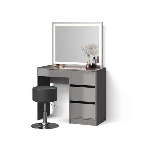 Livinity Schminktisch Imola, Grau, mit LED Spiegel und Hocker von Livinity