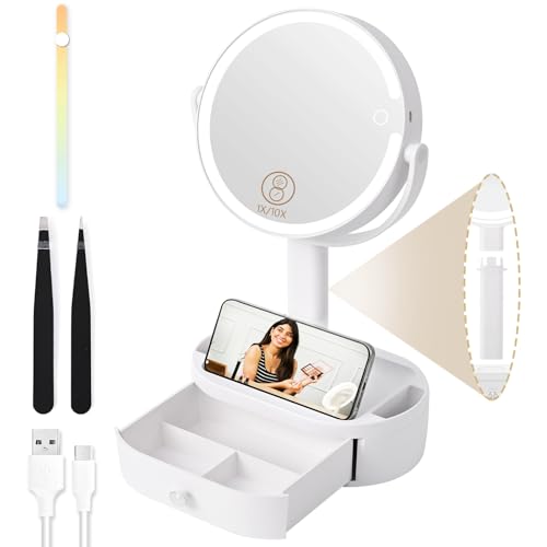 Livofloral Schminkspiegel mit Beleuchtung, Rund Doppelseitig Kosmetikspiegel, 10X Vergrößerungsspiegel mit 80 LED Licht, 360°Drehbar 3 Farben Dimmbar Helligkeit Stand Tischspiegel, für Zuhause Reisen von Livofloral