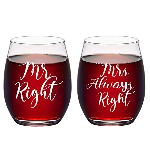 Livole 15 oz Weingläser Mr Right & Mrs Always Right, Rotweinglas Set ohne Stiel, Becher Geschenk zum Valentinstag Jahrestag Brautdusche Verlobung, Geschenk für Freundin Liebespaar, 2er Set von Livole