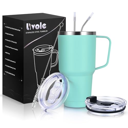 Livole 30oz 900ml Doppelwandig Thermobecher mit Strohhalm und Henkel, Edelstahl Isolierter Camping Becher mit Henkel, Griff, Kaffeebecher to go Thermo, Trinkbecher für Kaffee, Cocktail, Mintgrün Livole 30oz 900ml Doppelwandig Thermobecher mit Strohhalm und Henkel, Edelstahl Isolierter Camping Becher mit Henkel, Griff, Kaffeebecher to go Thermo, Trinkbecher für Kaffee, Cocktail, Mintgrün von Livole