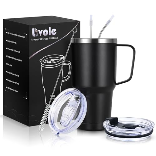 Livole 30oz 900ml Doppelwandig Thermobecher mit Strohhalm und Henkel, Edelstahl Isolierter Camping Becher mit Henkel, Griff, Kaffeebecher to go Thermo, Trinkbecher für Kaffee, Cocktail, Schwarz Livole 30oz 900ml Doppelwandig Thermobecher mit Strohhalm und Henkel, Edelstahl Isolierter Camping Becher mit Henkel, Griff, Kaffeebecher to go Thermo, Trinkbecher für Kaffee, Cocktail, Schwarz von Livole