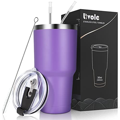 Livole 30oz 900ml Trinkbecher für Männer, Frauen, Thermobecher Kaffee to go, Camping Tasse, Doppelwandiger Edelstahl Becher mit Strohhalm, Isolierter Vakuum Kaffeebecher, Reisebecher, Lila von Livole