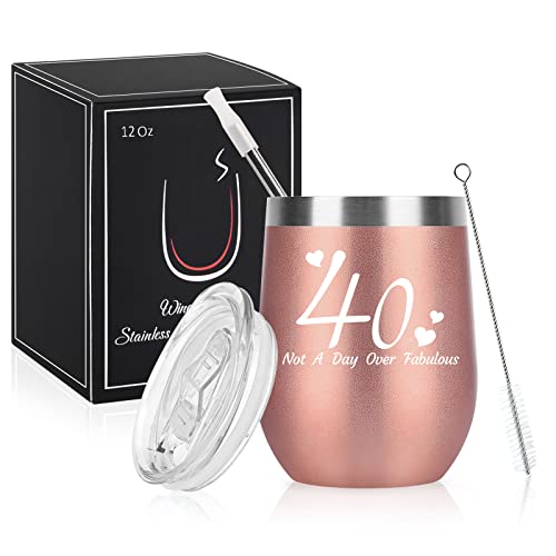 Livole 40. Geburtstag Geschenke für Frauen, 12oz Doppelt Isoliert Edelstahl Weinbecher mit Deckel und Strohhalm, Weingläser ohne Stiel, Weinglas mit Lustigem Spruch, Not A Day Over Fabulous, Rosegold von Livole