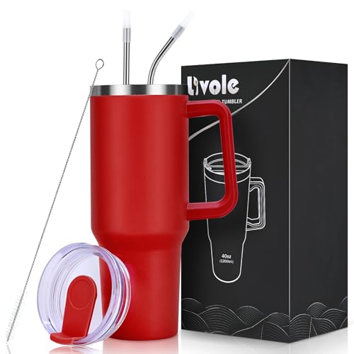 Livole 40oz 1200ml Edelstahl Thermobecher mit Griff, Trinkbecher mit Deckel und Strohhalm, Auslaufsichere Isolierter Coffee to go Becher, Doppelwandig Tumbler für Sport, Camping, Auto, Rot von Livole