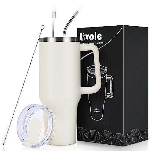 Livole 40oz 1200ml Trinkbecher mit Deckel und Strohhalm, Edelstahl Thermobecher mit Henkel, Doppelwandig Kaffeebecher to go, Vakuum Isolierter Tumbler Becher für Camping, Sport, Auto, Büro, Wollweiß von Livole