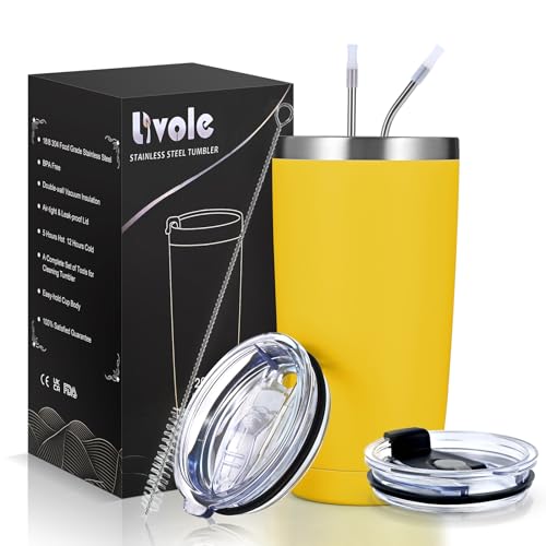 Livole 600ml Thermobecher Kaffee to go, 20oz Isolierter Trinkbecher mit Henkel, Edelstahl Trinkbecher mit Deckel und Strohhalm, Doppelwandig Coffee to go Becher Thermo, Reisebecher, Tumbler, Gelb Livole 600ml Thermobecher Kaffee to go, 20oz Isolierter Trinkbecher mit Henkel, Edelstahl Trinkbecher mit Deckel und Strohhalm, Doppelwandig Coffee to go Becher Thermo, Reisebecher, Tumbler, Gelb von Livole