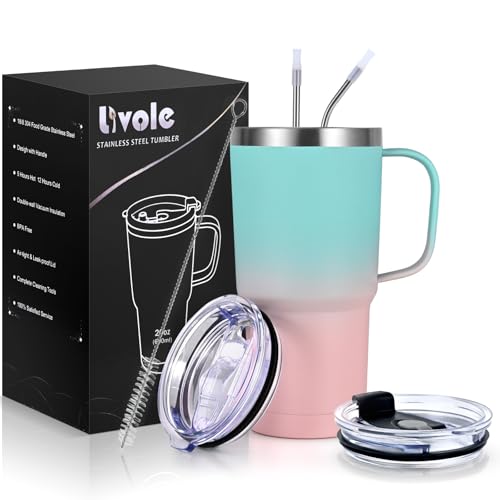 Livole 600ml Thermobecher mit Henkel, Vakuum Kaffeebecher Thermo, Edelstahl Thermobecher mit Strohhalm und Deckel, 20oz Doppelwandig Trinkbecher Reisebecher, Coffee to go Becher, Blau und Rosa Livole 600ml Thermobecher mit Henkel, Vakuum Kaffeebecher Thermo, Edelstahl Thermobecher mit Strohhalm und Deckel, 20oz Doppelwandig Trinkbecher Reisebecher, Coffee to go Becher, Blau und Rosa von Livole