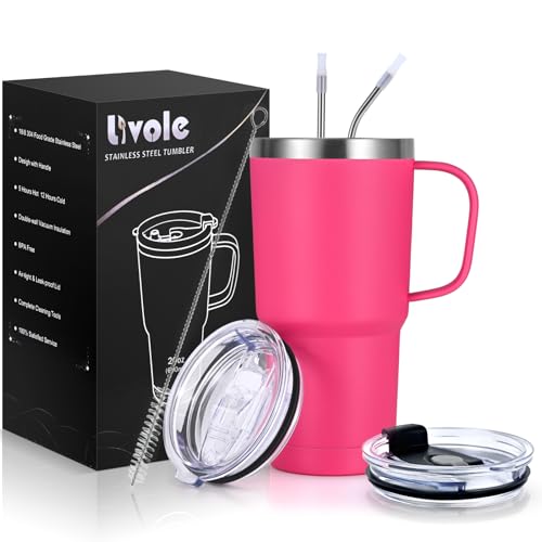 Livole 600ml Thermobecher mit Henkel, Vakuum Kaffeebecher Thermo, Edelstahl Thermobecher mit Strohhalm und Deckel, 20oz Doppelwandig Trinkbecher Reisebecher, Coffee to go Becher, Rosenrot von Livole