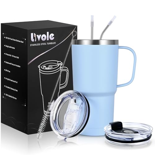 Livole 600ml Thermobecher mit Henkel, Vakuum Kaffeebecher Thermo, Edelstahl Thermobecher mit Strohhalm und Deckel, 20oz Doppelwandig Trinkbecher Reisebecher, coffee to go becher, Hellblau von Livole