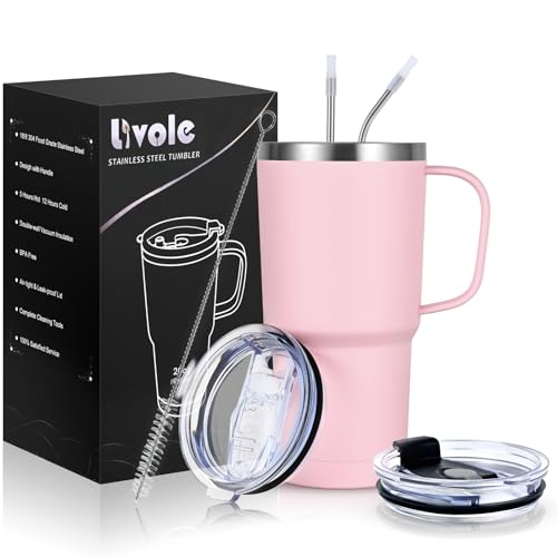 Livole 600ml Thermobecher mit Henkel, Vakuum Kaffeebecher Thermo, Edelstahl Thermobecher mit Strohhalm und Deckel, 20oz Doppelwandig Trinkbecher Reisebecher, coffee to go becher, Hellrosa von Livole